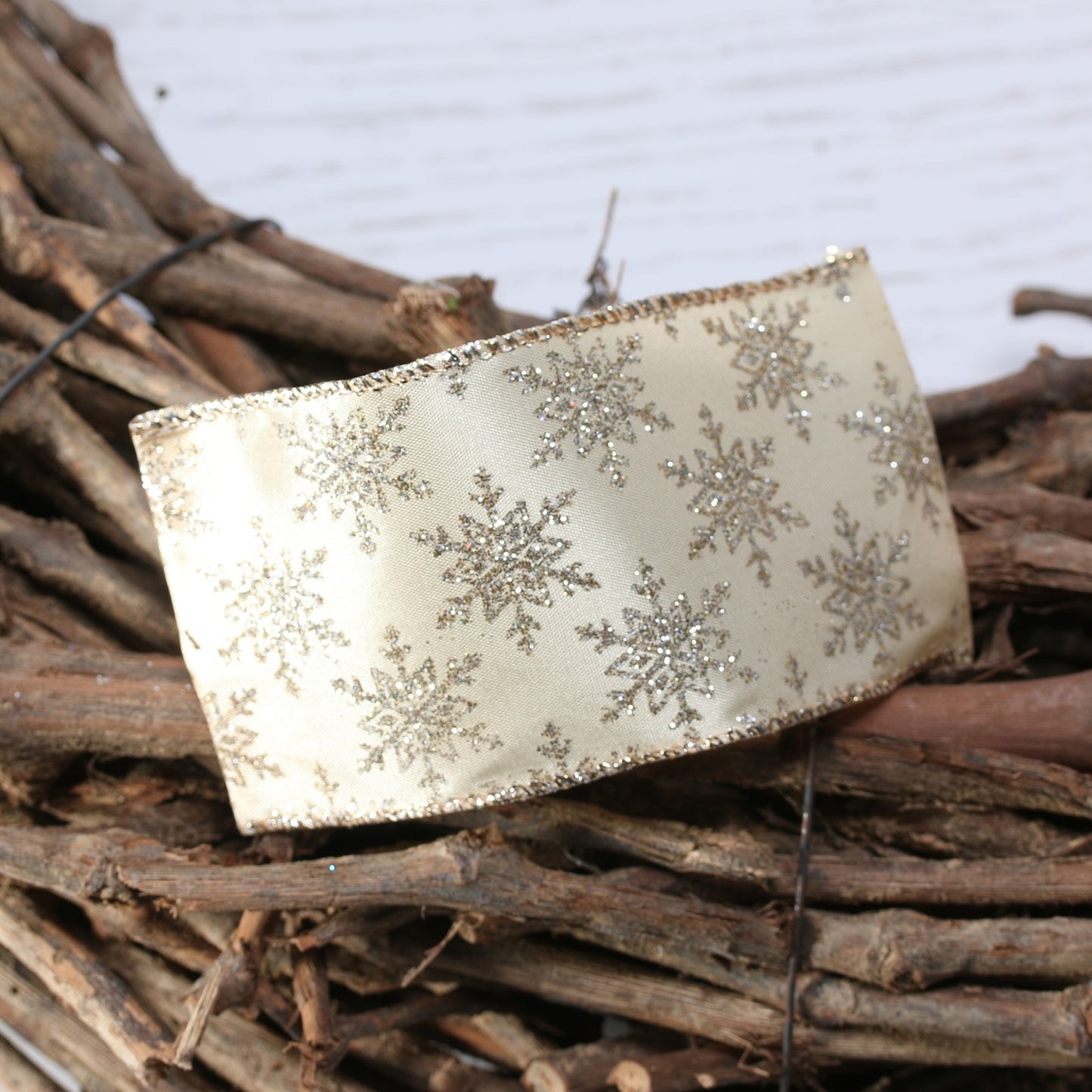Gold Glitter snowflakes Ribbon (63mm x 10yd)