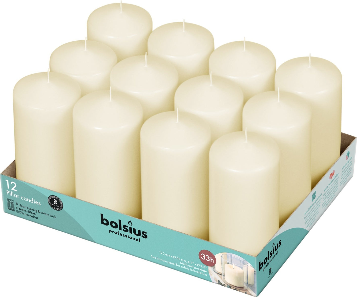 12 Bolsius Professional Pillar Candles - Ivory (118/58mm)