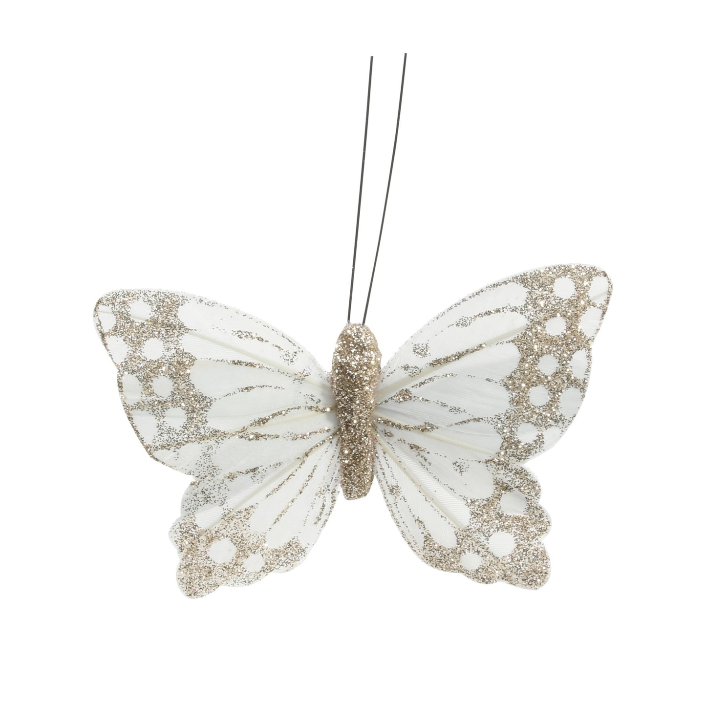 9cm Golden Ivory Feather & Glitter Butterfly (Pack of 12)
