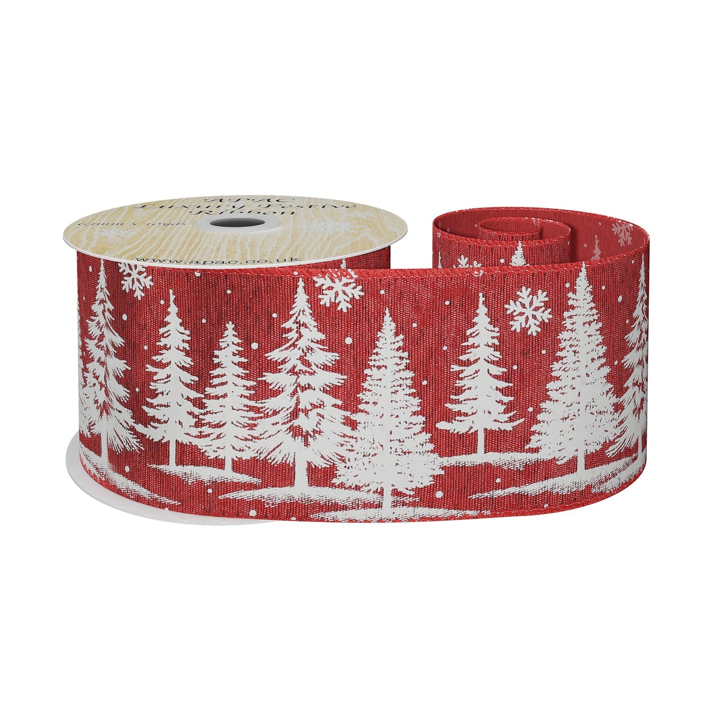 Red Mesh Ribbon with White Xmas Tree Print (63mm x 10yd)