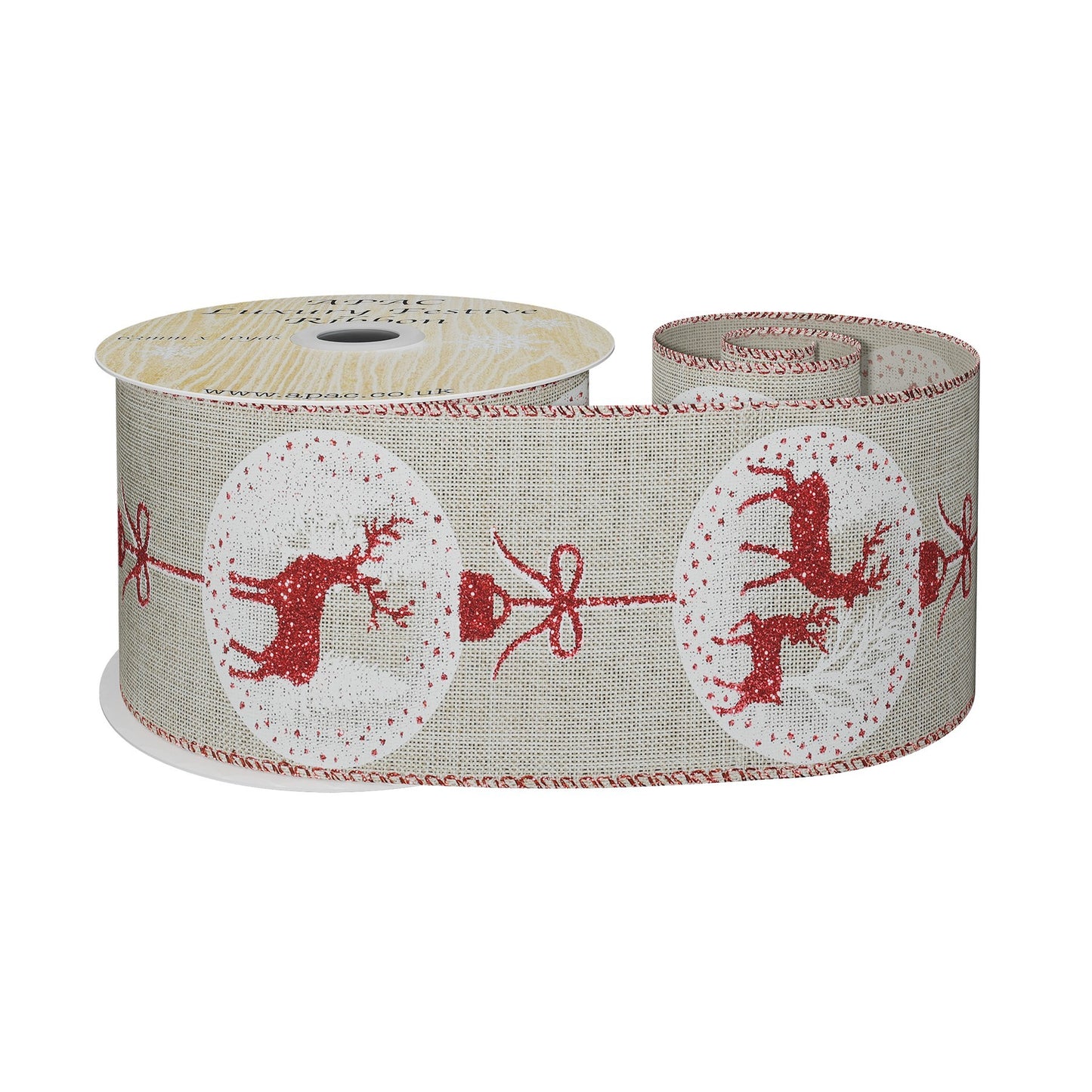 Natural Ribbon with Reindeer Bauble Print -Red/ White (63mm x 10yd)