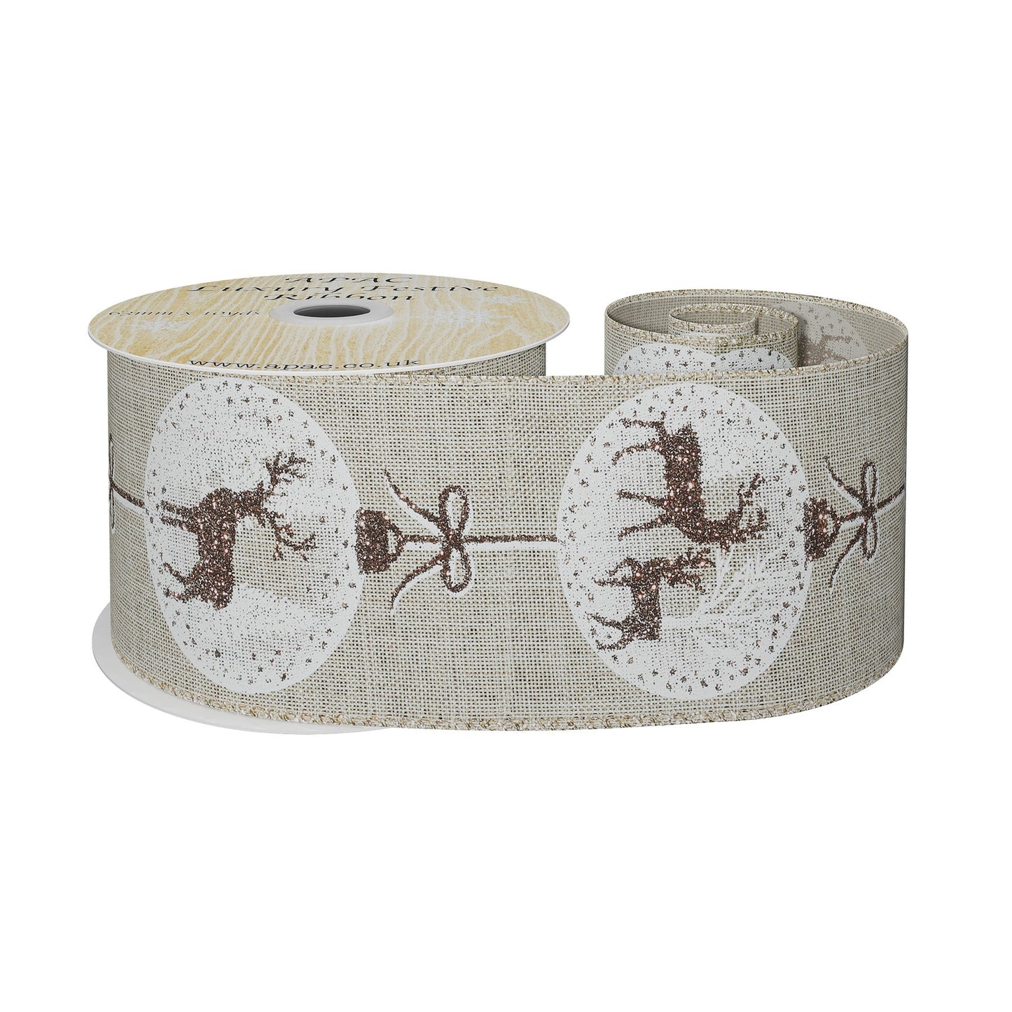 Natural Ribbon with Reindeer Bauble Print -Brown/ White (63mm x 10yd)