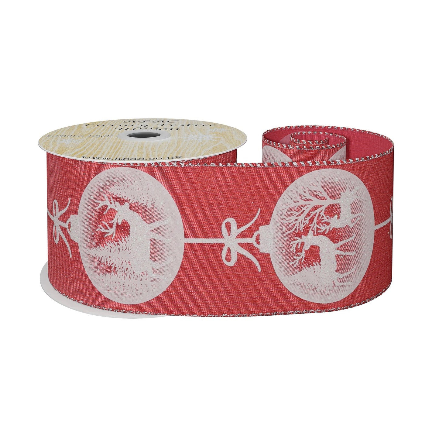 Red Satin Ribbon with Reindeer Bauble Print- White (63mm x 10yd)
