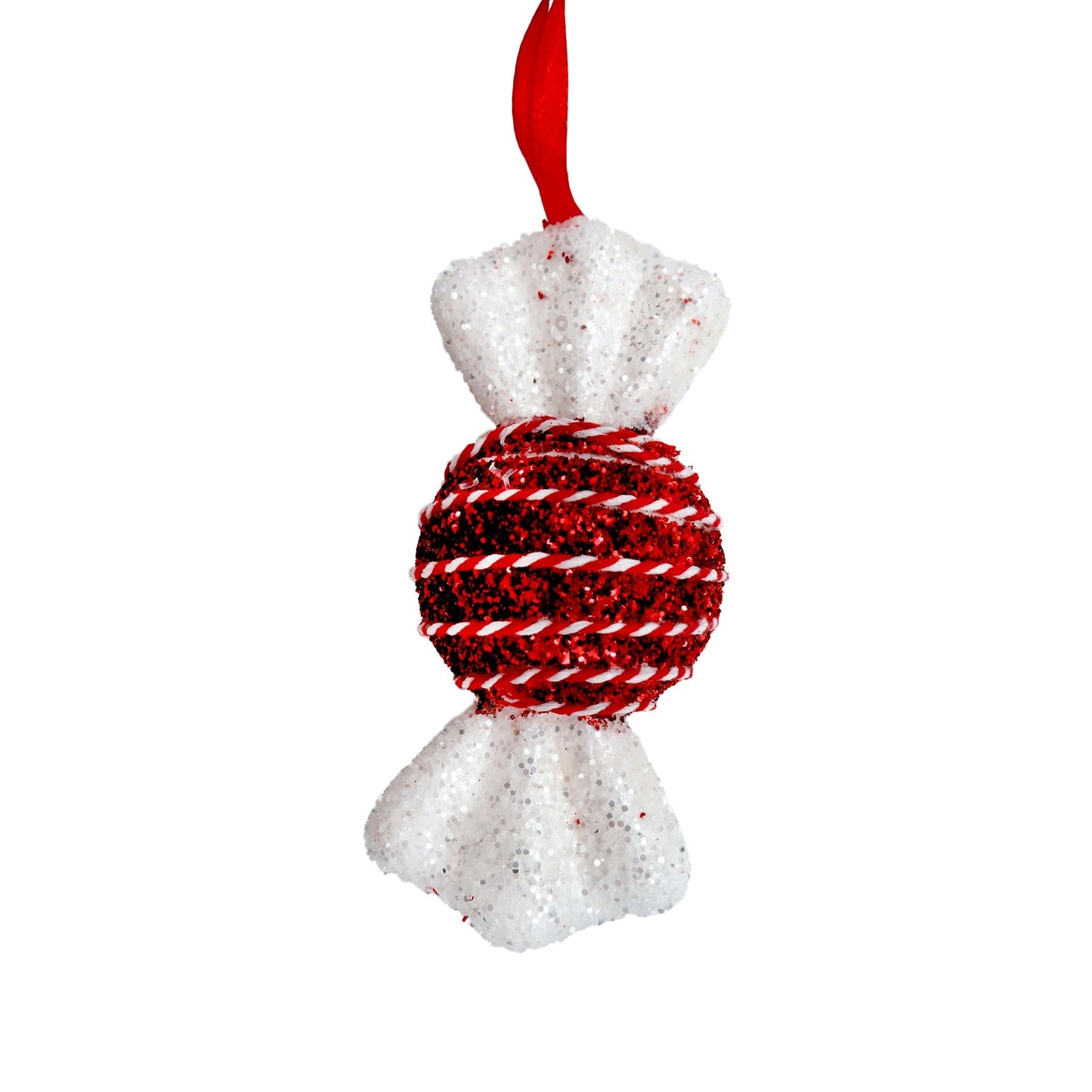 Red & White Tinsel Glitter Round Candy with String Hanging Decoration (13cm)