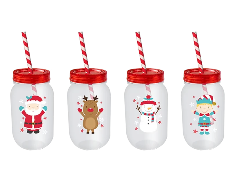 Christmas Mason Drinking Jar & Straw (500ml)