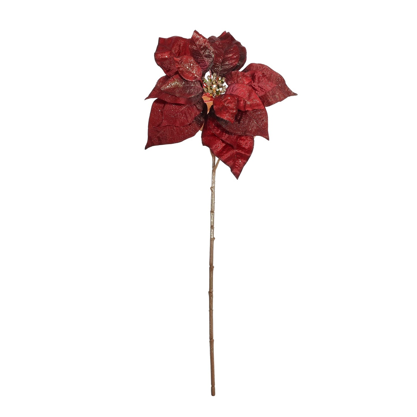 Red & Gold Glitter Poinsettia Stem (49cm)