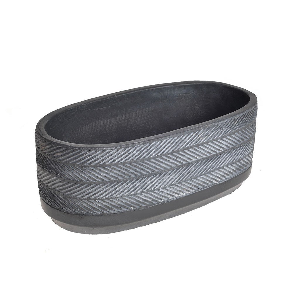 Oval Dark Grey Cement Planter with Oblique Pattern