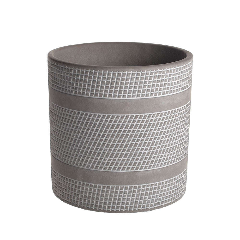Large Grey Cylindrical Geometric Pattern Cement Pot