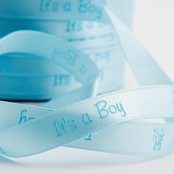 'Its A Boy' Pale blue satin ribbon with teddy 10mm x 25m