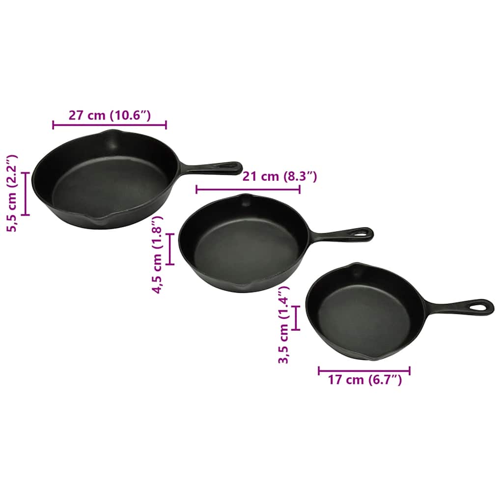 50122 vidaXL Set of 3 BBQ Steak Pans Cast Iron