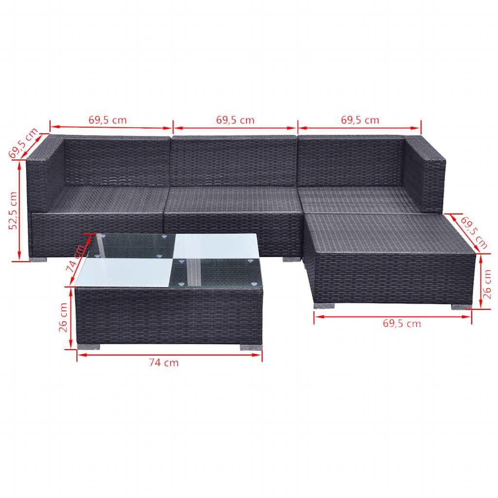 42740 vidaXL 5 Piece Garden Lounge Set with Cushions Poly Rattan Black
