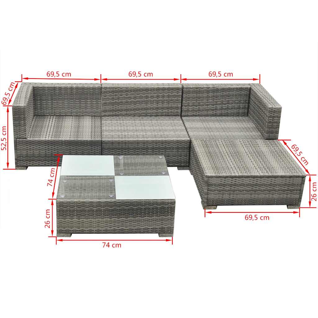 42741 vidaXL 5 Piece Garden Lounge Set with Cushions Poly Rattan Grey