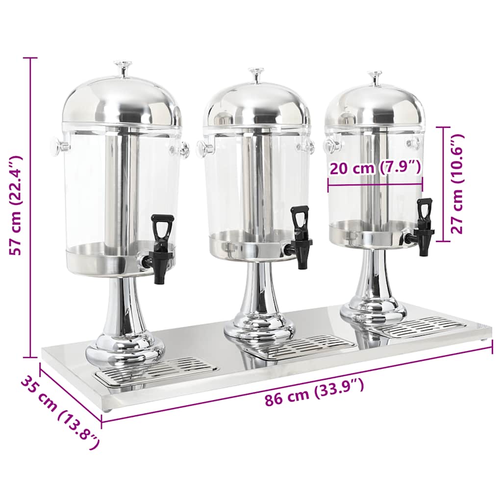 50533 vidaXL Triple Juice Dispenser Stainless Steel 3 x 8 L