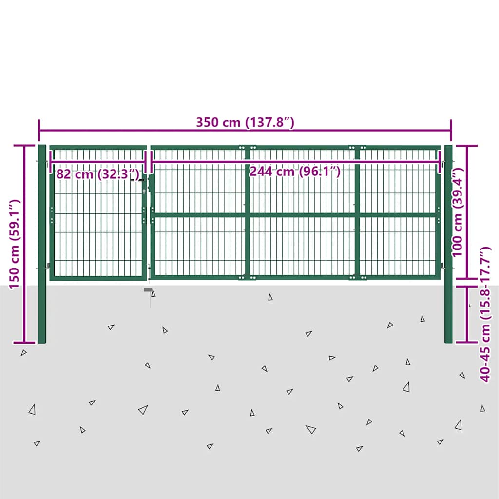 142569 vidaXL Garden Fence Gate with Posts 350x100 cm Steel Green