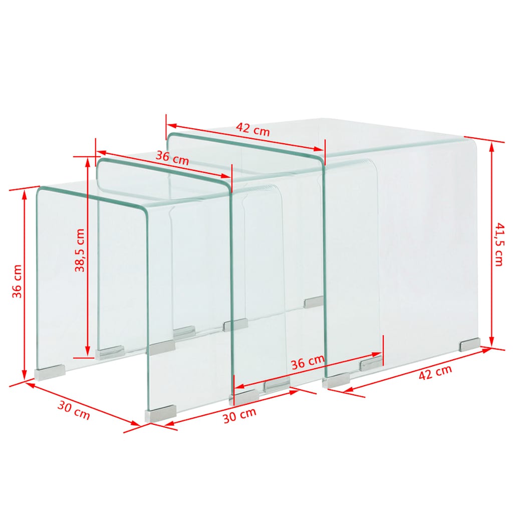 244190 vidaXL Three Piece Nesting Table Set Tempered Glass Clear