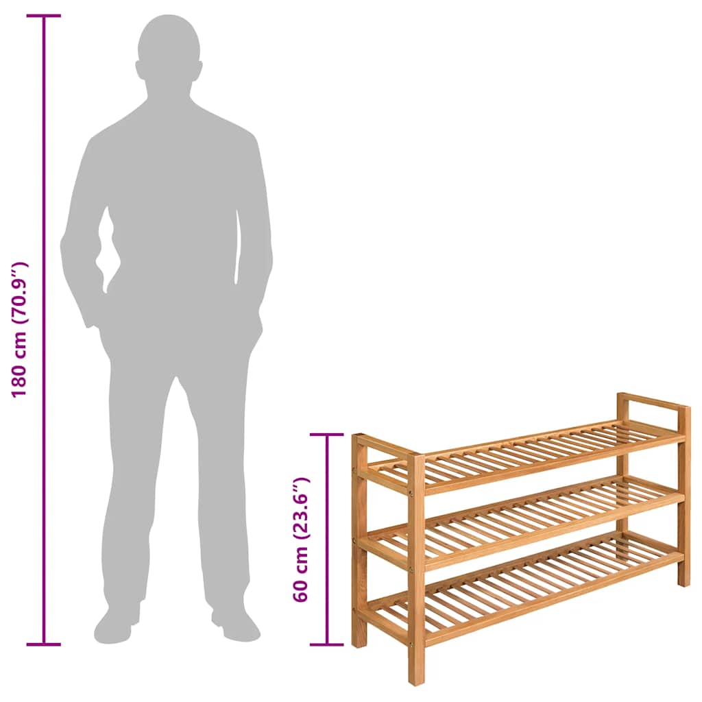 244209 vidaXL Shoe Rack with 3 Shelves 100x27x60 cm Solid Oak Wood
