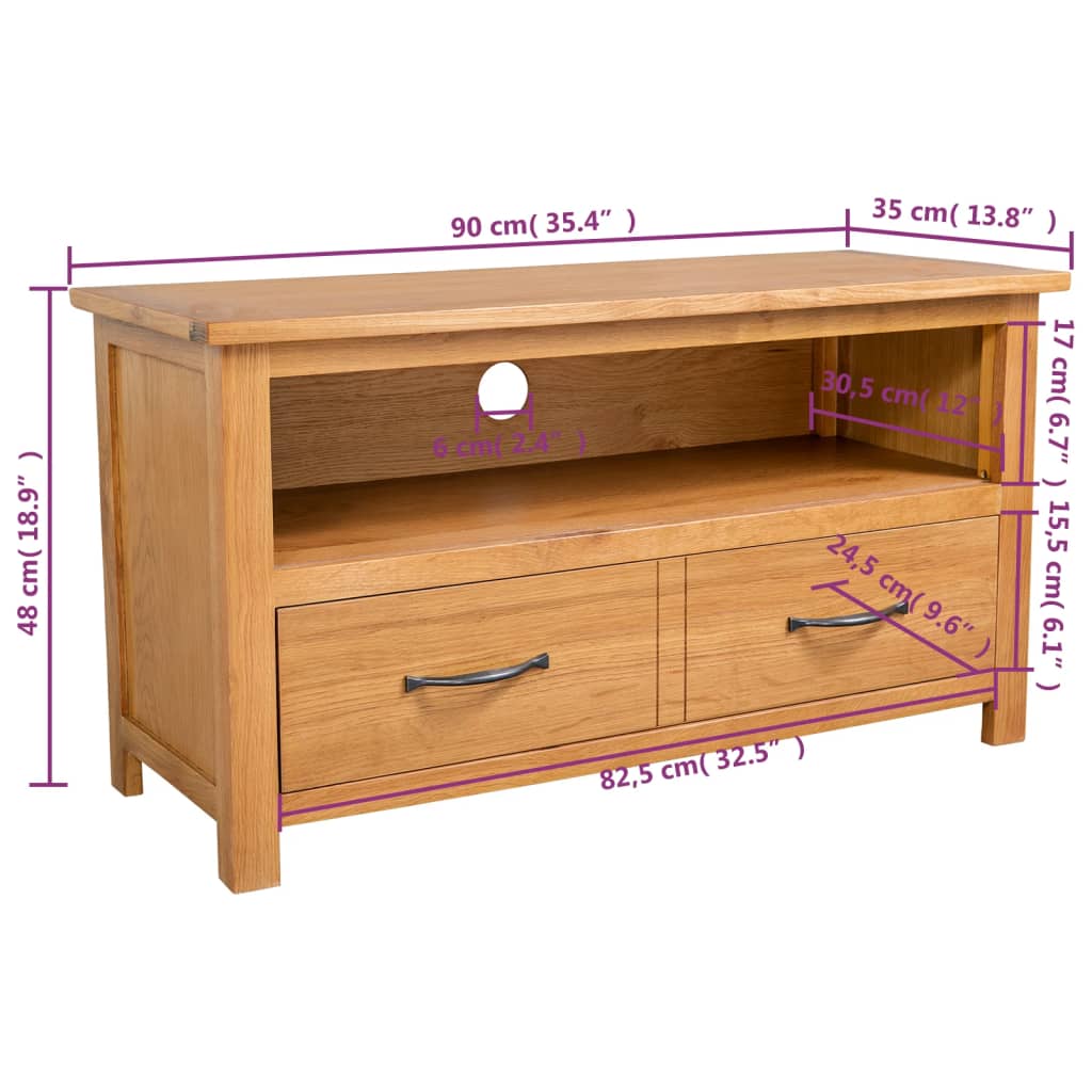 244466 vidaXL TV Cabinet 90x35x48 cm Solid Oak Wood