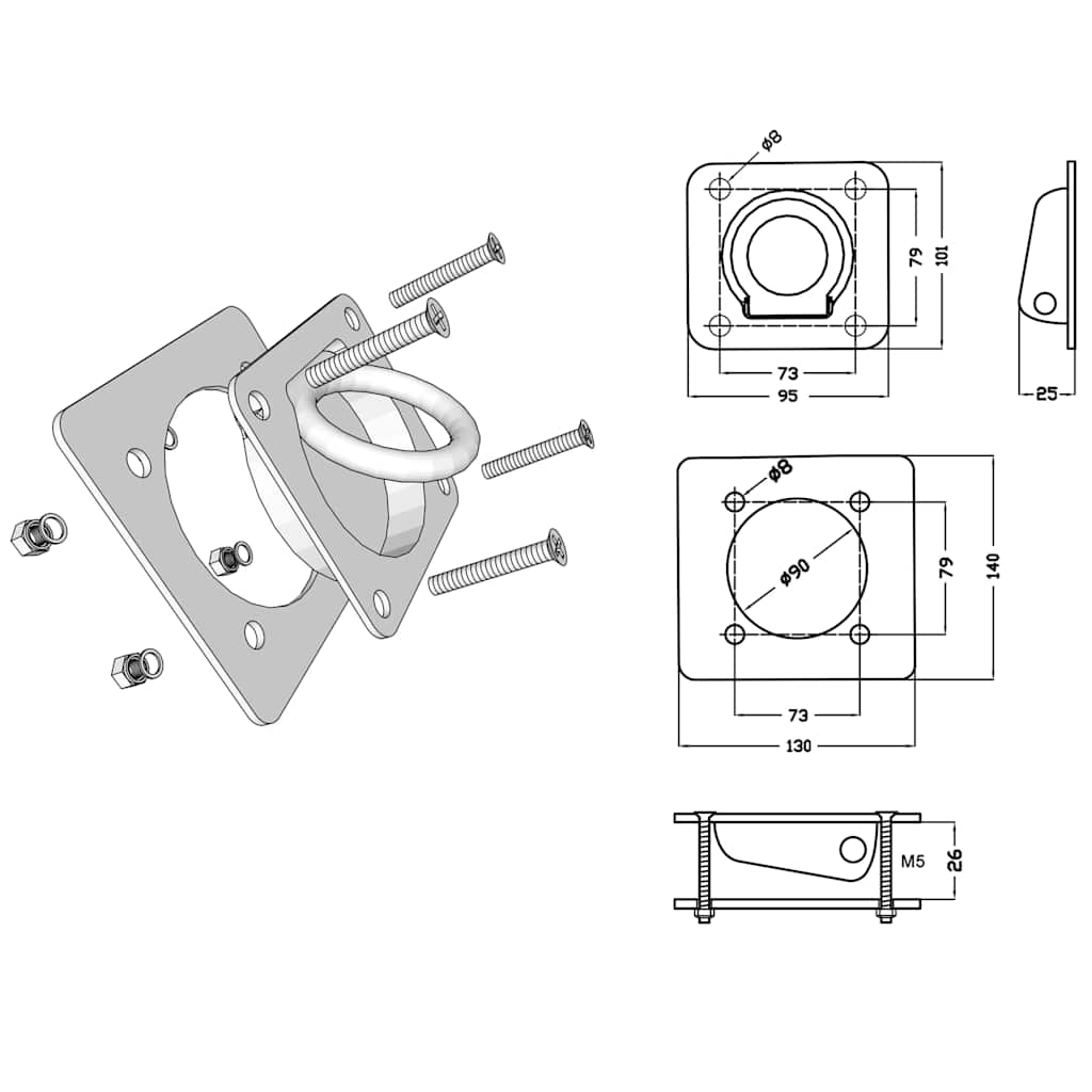 142673 vidaXL Lashing Rings for Trailer 8 pcs Galvanised Steel 2000 kg