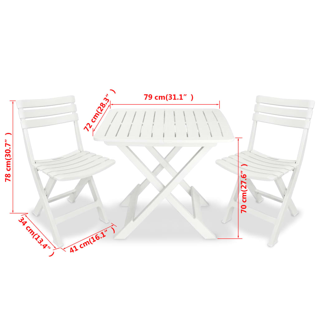 43581 vidaXL 3 Piece Folding Bistro Set Plastic White