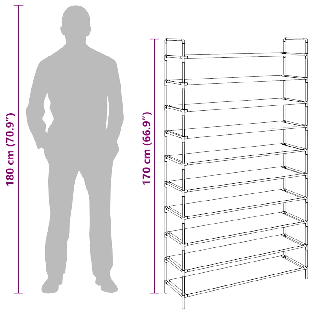 245631 vidaXL Shoe Rack with 10 Shelves Metal and Non-woven Fabric Silver
