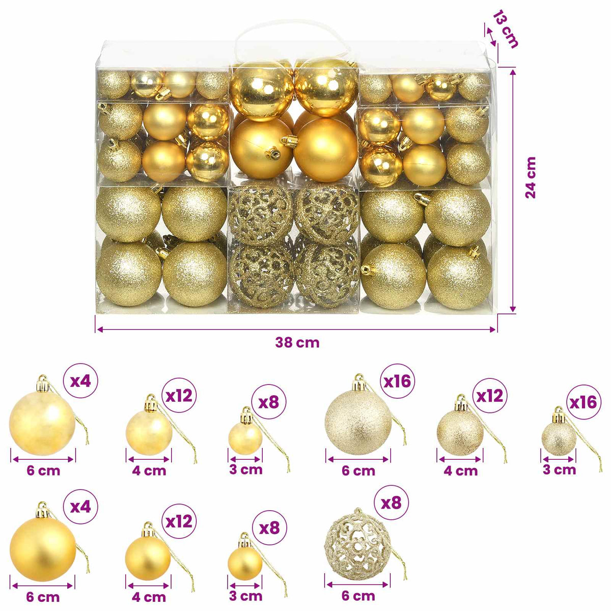 245708 vidaXL 100 Piece Christmas Ball Set 3/4/6 cm Gold