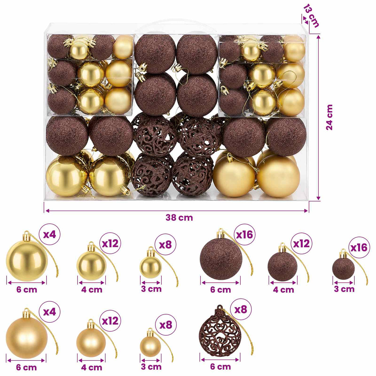 245714 vidaXL 100 Piece Christmas Ball Set 3/4/6 cm Brown/Bronze/Gold