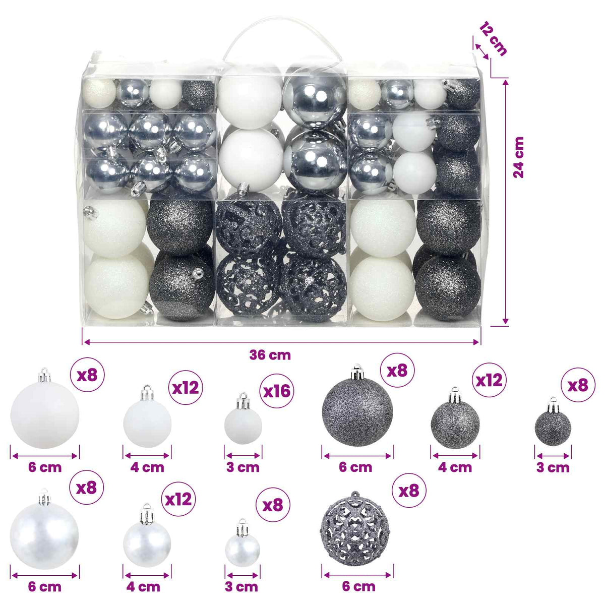 245717 vidaXL 100 Piece Christmas Ball Set 3/4/6 cm White/Grey