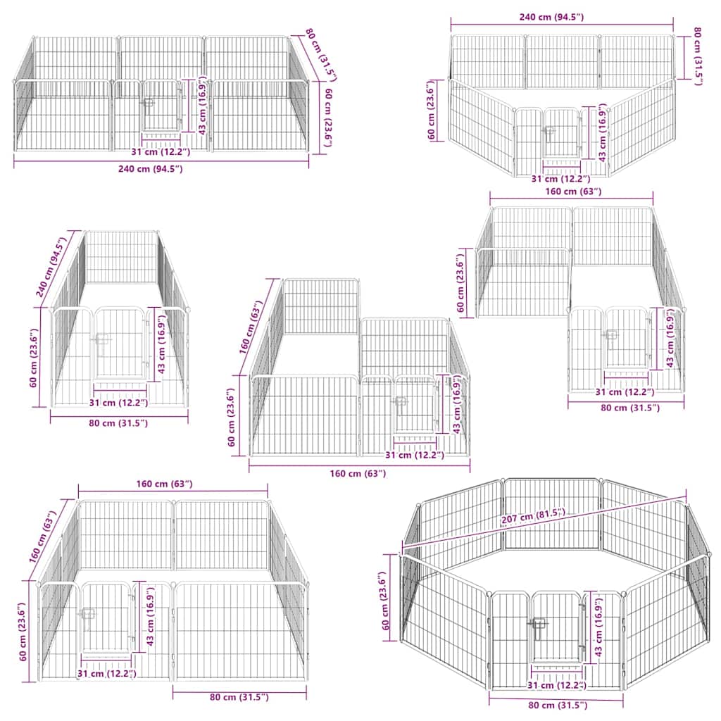 170572 vidaXL Dog Playpen 8 Panels Steel 80x60 cm Black
