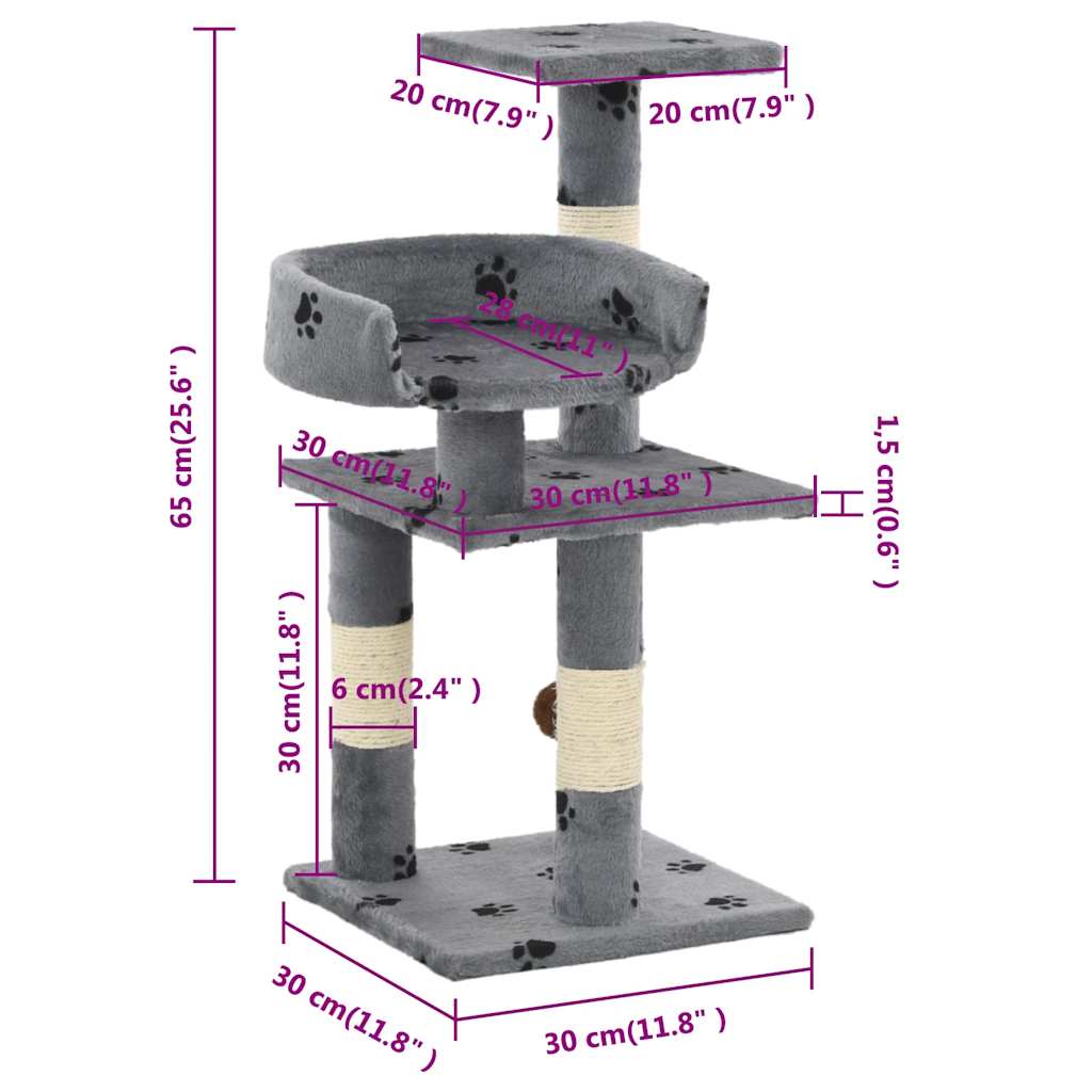 Cat Tree with Sisal Scratching Posts 65 cm Paw Prints Grey