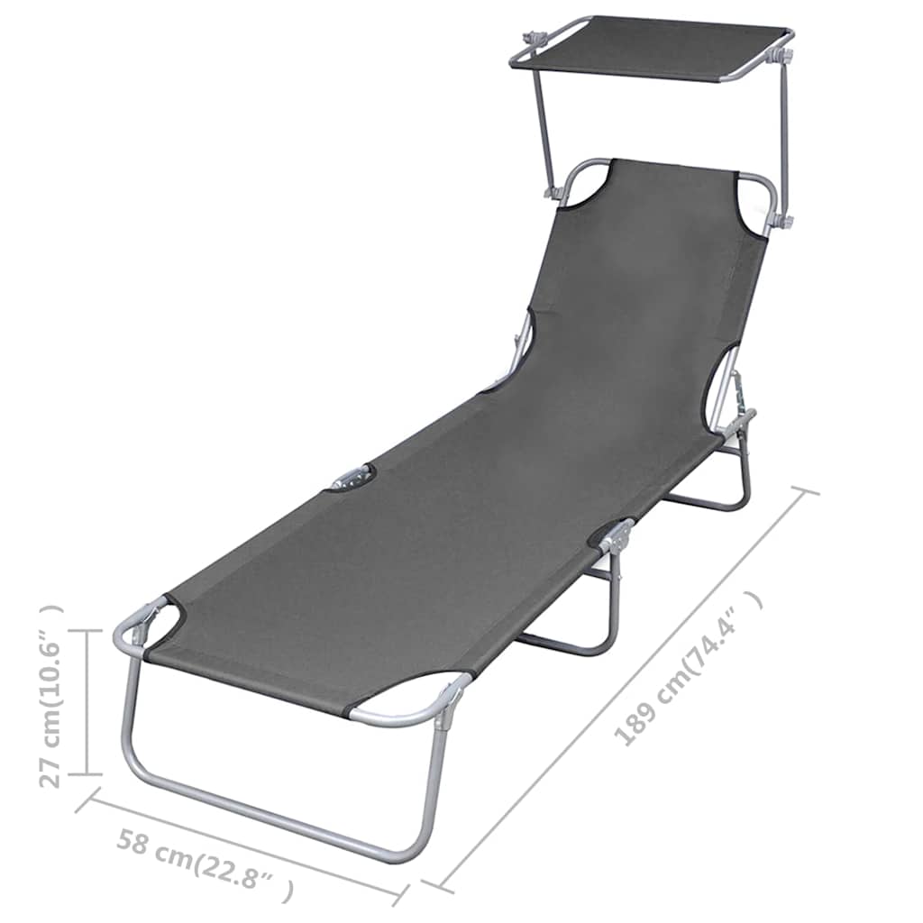 44291 vidaXL Folding Sun Lounger with Canopy Steel Grey