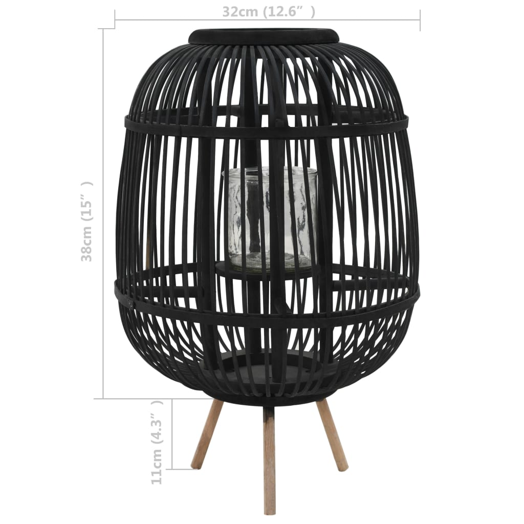 Candle Holder | Black | Bamboo and Glass | Medium | Decorative Inlays