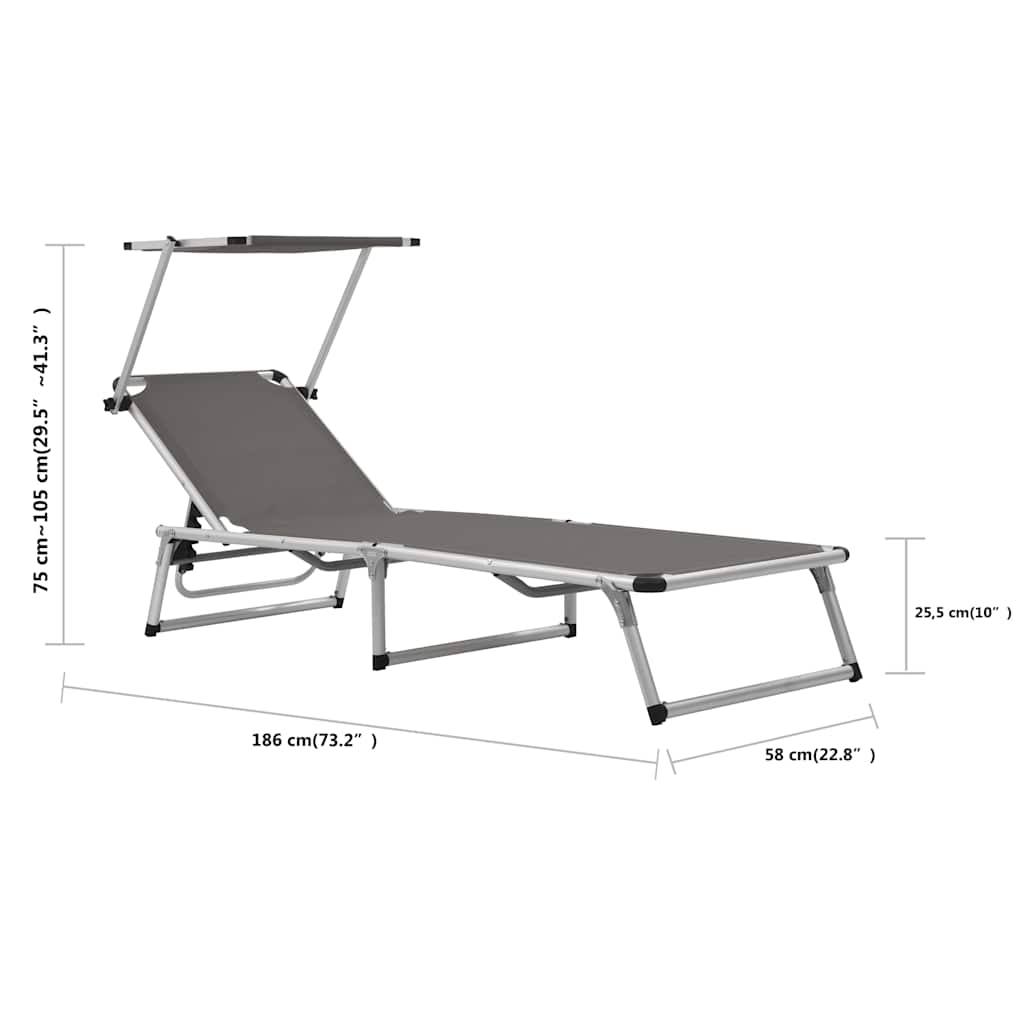 44335 vidaXL Folding Sun Lounger with Roof Aluminium and Textilene Grey