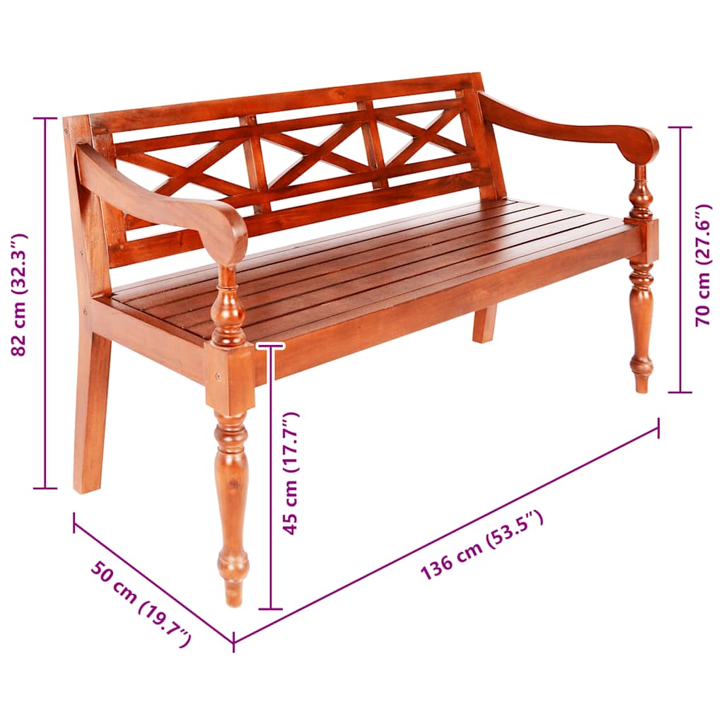 vidaXL Batavia Bench 136 cm Solid Mahogany Wood Dark Brown