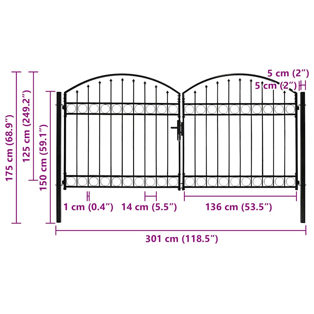 Fence Gate Double Door with Arched Top Steel 300x125 cm Black