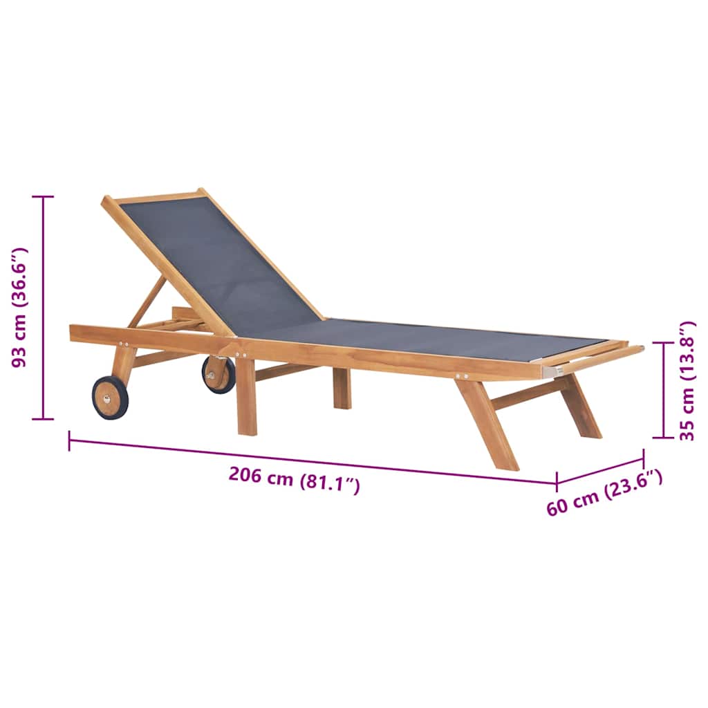 44668 vidaXL Folding Sun Lounger with Wheels Solid Teak and Textilene