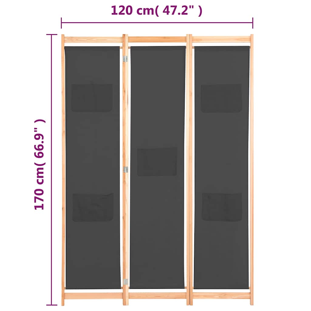 248175 vidaXL 3-Panel Room Divider Grey 120x170x4 cm Fabric
