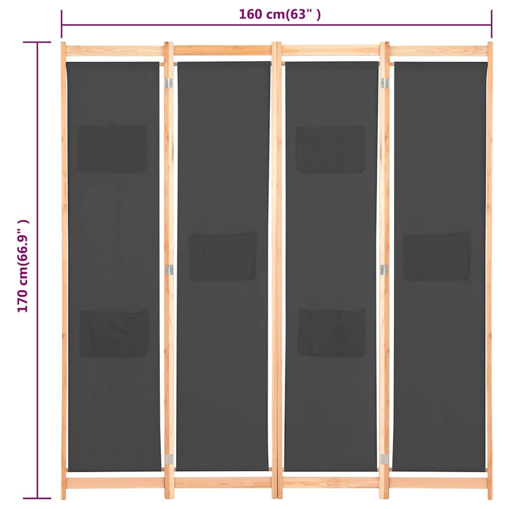 248176 vidaXL 4-Panel Room Divider Grey 160x170x4 cm Fabric