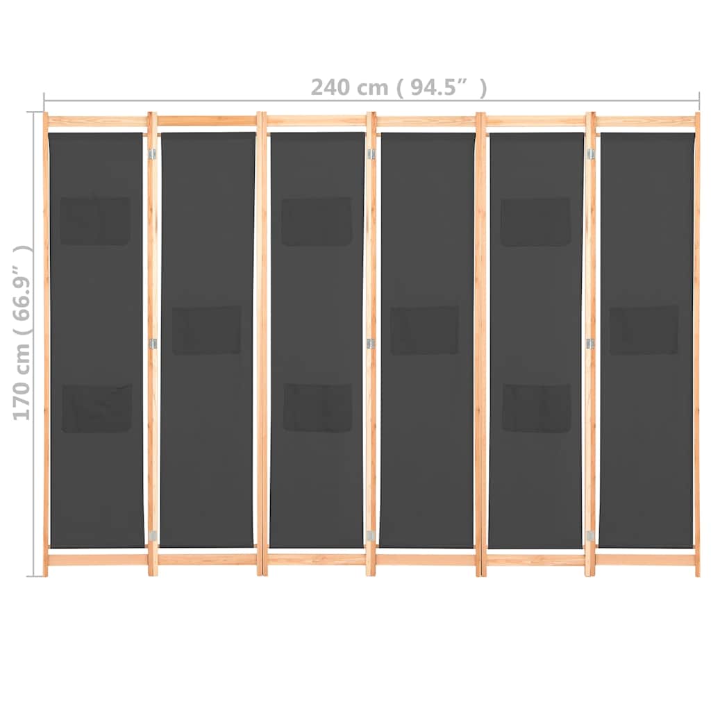 248178 vidaXL 6-Panel Room Divider Grey 240x170x4 cm Fabric