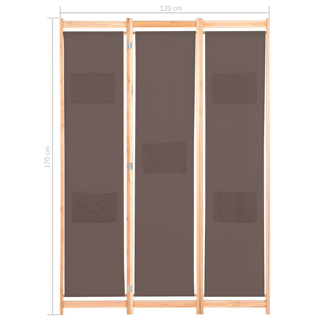 248179 vidaXL 3-Panel Room Divider Brown 120x170x4 cm Fabric