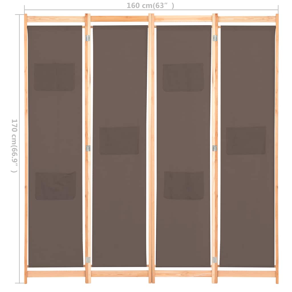 248180 vidaXL 4-Panel Room Divider Brown 160x170x4 cm Fabric