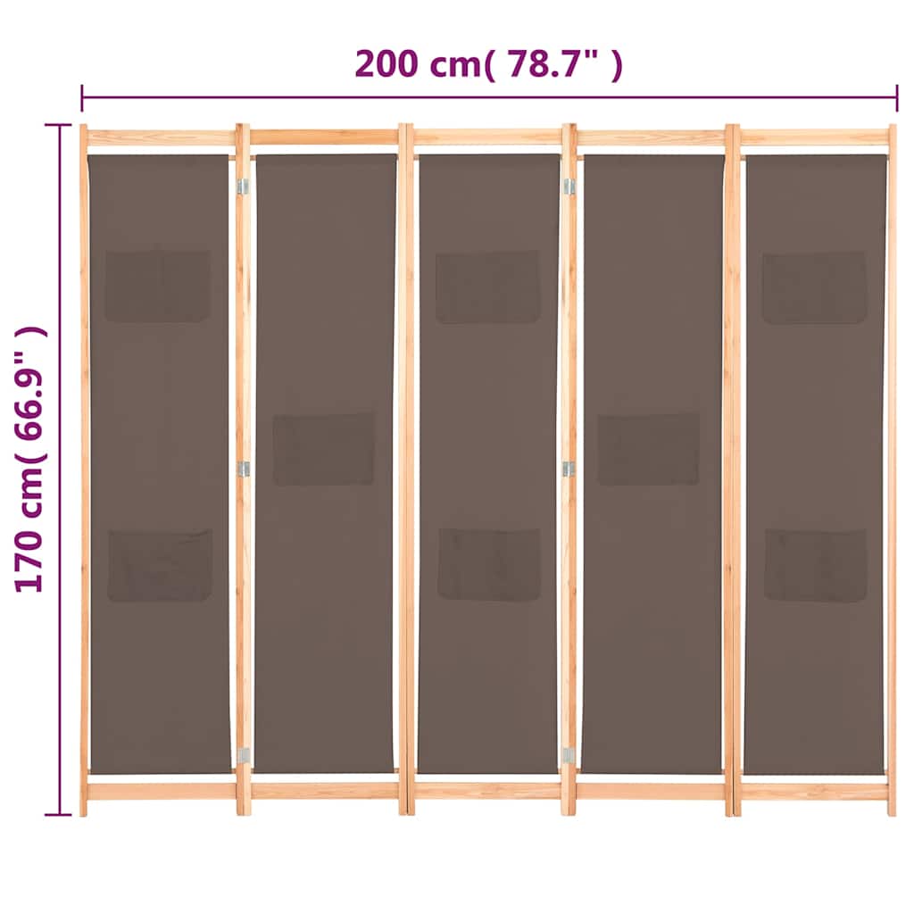 248181 vidaXL 5-Panel Room Divider Brown 200x170x4 cm Fabric