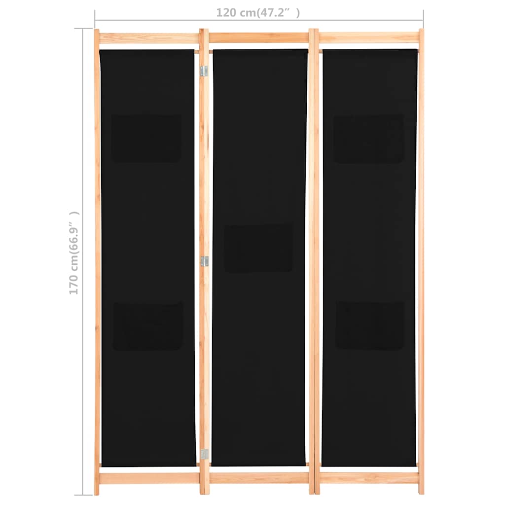 248183 vidaXL 3-Panel Room Divider Black 120x170x4 cm Fabric