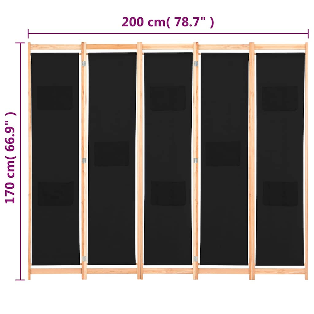 248185 vidaXL 5-Panel Room Divider Black 200x170x4 cm Fabric