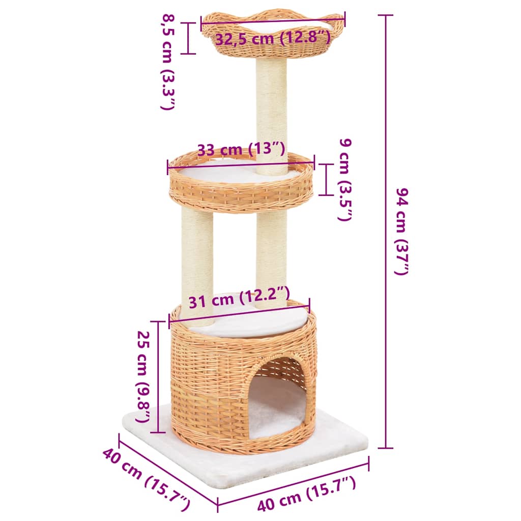 170728 vidaXL Cat Tree with Sisal Scratching Post Natural Willow Wood