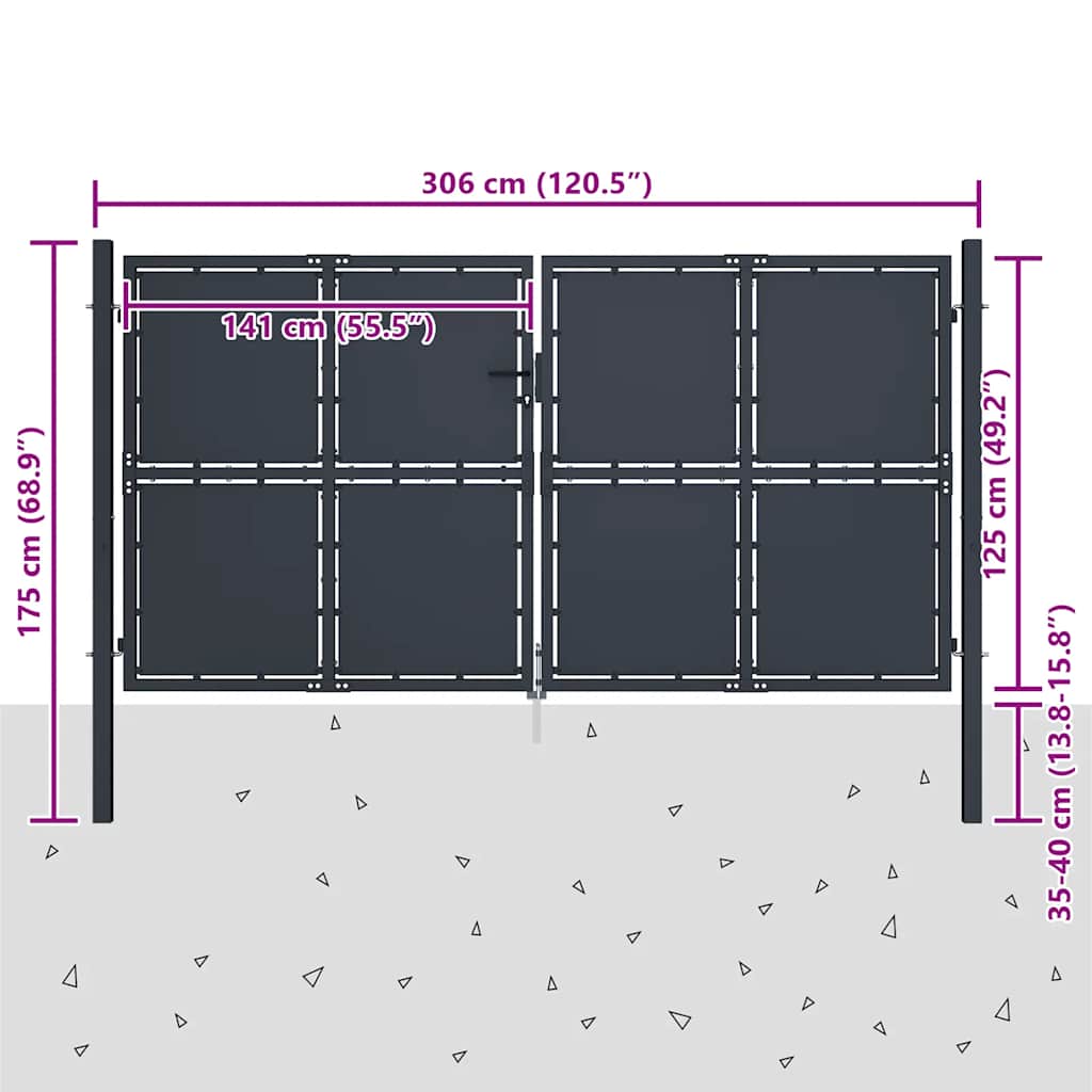 144525 vidaXL Garden Gate Steel 300x125 cm Anthracite