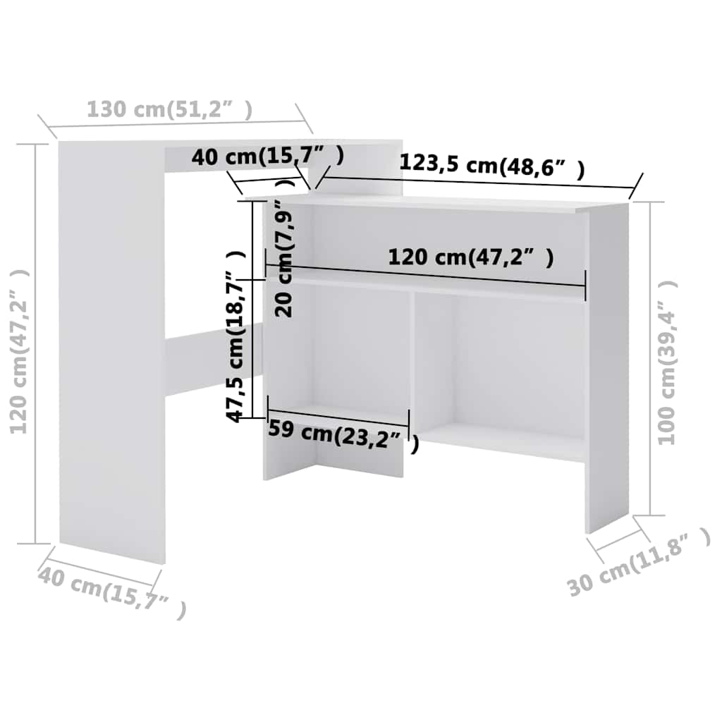 280217 vidaXL Bar Table with 2 Table Tops White 130x40x120 cm
