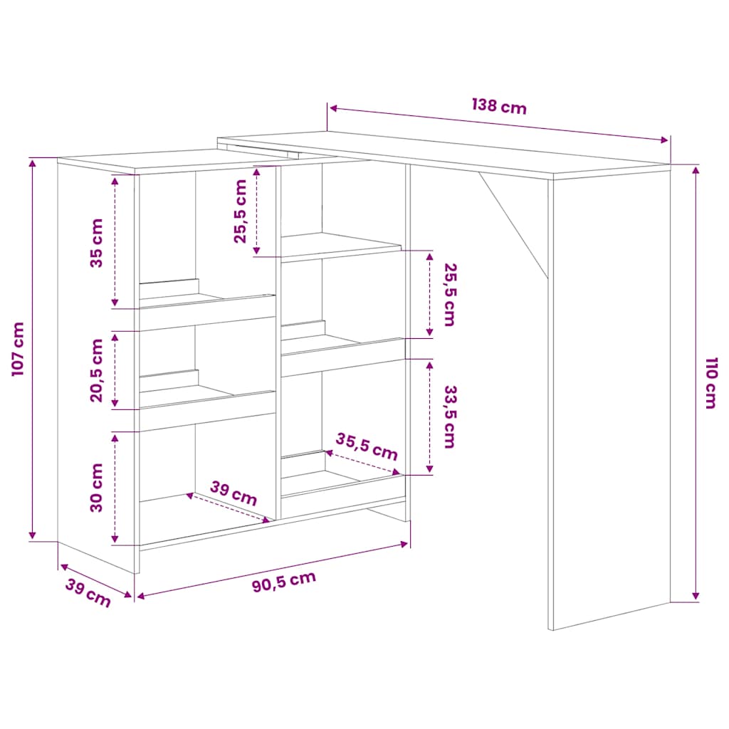 280224 vidaXL Bar Table with Moveable Shelf Oak 138x39x110 cm