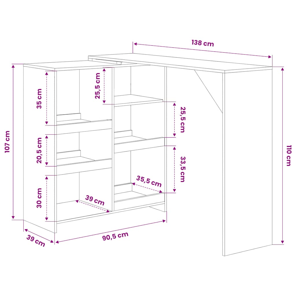 280225 vidaXL Bar Table with Moveable Shelf White 138x39x110 cm