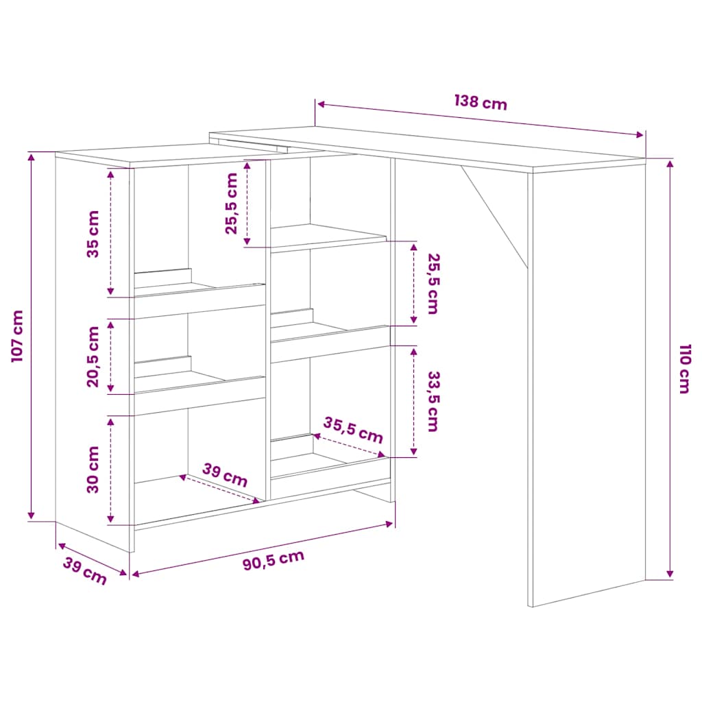 280226 vidaXL Bar Table with Moveable Shelf White 138x39x110 cm