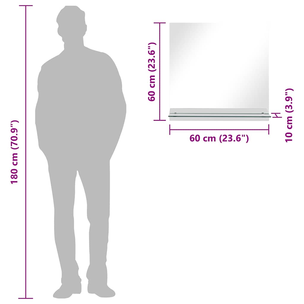 249439 vidaXL Wall Mirror with Shelf 60x60 cm Tempered Glass